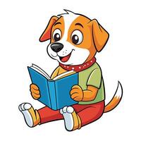 Smiling Cartoon Dog Character Reading Blue Book on a White Background vector