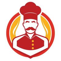 Red Chef Avatar Icon with Moustache, Uniform, Hat, and Yellow Flame on White vector