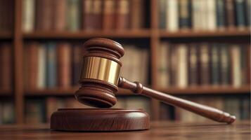 Judge's gavel on wooden table in front of bookshelf photo