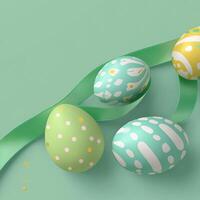 3D Realistic Easter Eggs with Green Ribbon, High-Resolution Cartoon Style with Pastel Background photo