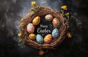 Easter Nest with Colorful Eggs and Happy Easter Text on Concrete Wall photo
