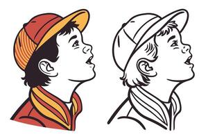 Retro Boy Profile with Hat Looking Upward Colored and Black and White Version vector