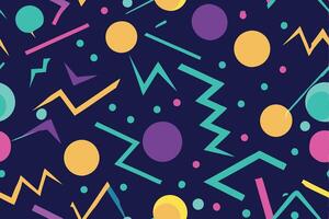 Colorful Geometric Shapes Pattern on Dark Background Circles, Lines and Zigzags Style vector