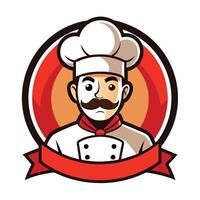 Cheerful Cartoon Chef in Uniform with Red Ribbon and Mustache vector