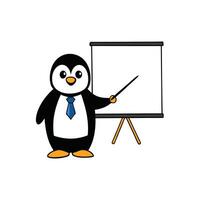 Cartoon Penguin with a Pointer Presenting Near Blank White Board on White Background vector