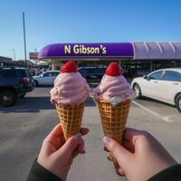 Two hands holding pink ice cream cones with strawberries in front of N Gibsons on a sunny day photo