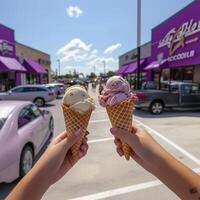Two ice cream cones held by hands in a vibrant shopping plaza on a sunny day in summer photo