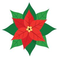 Festive Flat Poinsettia Flower with Red Petals and Green Leaves on White Background vector