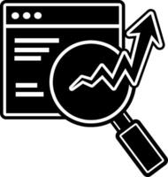 SEO analytics black varian icon. Magnifying glass with rising graph over webpage. Ideal for digital marketing, search optimization, business growth, and web traffic analysis concepts. vector