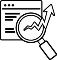 SEO analytics white icon. Magnifying glass with rising graph over webpage. Ideal for digital marketing, search optimization, business growth, and web traffic analysis concepts. vector