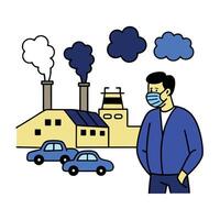 Man in mask near factory with cars, and smog clouds on white background vector