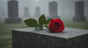 A single red rose rests on a granite gravestone in a misty cemetery, a poignant symbol of remembrance and loss. photo