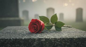 A single red rose rests on a granite headstone in a misty graveyard, a poignant symbol of remembrance and loss. photo
