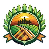 Landscape in Circle with Fields Trees and Ribbon Banner vector