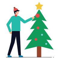 Man Decorating Christmas Tree with Star and Ornaments on White Background vector