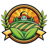 Farmhouse with Field in Retro Circle Badge with Sunburst, Olive Branches, Leaves vector