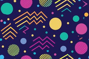 Colorful Geometric Shape Pattern on Dark Blue Background, Retro Memphis Style vector