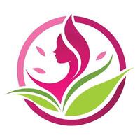 Elegant Woman Face Profile with Green Leaf and Circle in Pink on White Background vector