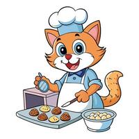 Cartoon Orange Cat Chef With Apron Baking Cookies On Tray Isolated On White vector