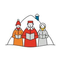 Carolers Trio in Hats and Gowns Holding Books against White Background in Simple Line Art vector