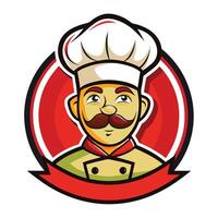 Cartoon Chef with Mustache and Hat Icon on Red Circular Background vector