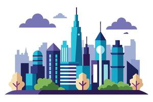 Modern Cityscape Skyline with Tall Buildings, Trees, and Cloudy Sky on White vector