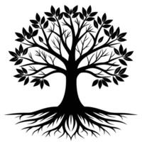 Silhouette Tree with Leaves and Roots on White Background vector