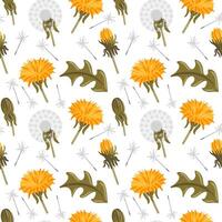 Seamless pattern dandelions buds, leaves and seeds. For wallpaper, textile, wrapping, background. vector