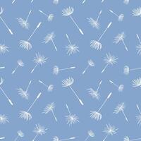 A seamless pattern featuring delicate white dandelion seeds gracefully floating against a vibrant blue background, creating a serene and whimsical atmosphere perfect for various design applications. vector