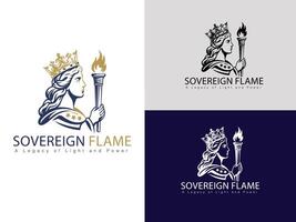 Sovereign Light Emblem A refined logo showcasing a queenly presence with a torch, representing authority, inspiration, and illumination. vector