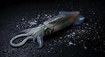 Close-up of a Fresh Squid on a Dark, Wet Surface photo