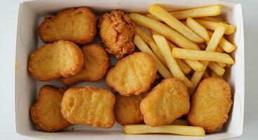 Chicken Nuggets, Fries, and a Crispy Treat in a Box photo