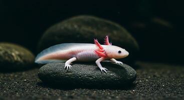 Albino Axolotl on Smooth Rocks in Dark Aquarium photo