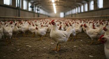 A vast array of white chickens densely populating a modern, spacious chicken coop, exhibiting a serene yet somewhat monotonous atmosphere. photo