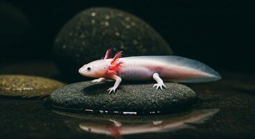 Albino Axolotl on Rocks, Aquatic Amphibian photo