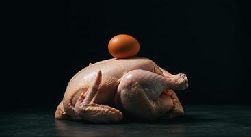 A whole raw chicken with a single brown egg on top, against a dark background. The image evokes a sense of simplicity and natural food. photo