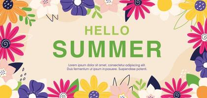 Horizontal banner with colorful summer flowers and leaves on light background. Template for web, advertising. Floral design. vector