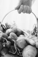 Woman Holding Basket of Vegetables, Close View Background, Food Photography creative background photo