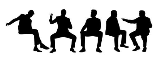 Group of silhouetted men seated in various poses during a discussion at an office setting vector
