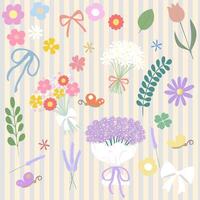 Flowers and floral elements include bouquets, single flowers, bows, leaves and butterflies on a striped background. The color tones are soft pastel, giving a gentle and unusual feel. vector