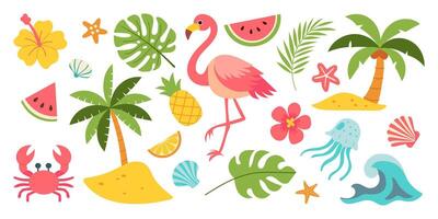 A colorful image of a tropical beach with a variety of sea creatures and plants. The image is full of bright colors and has a fun, playful vibe vector