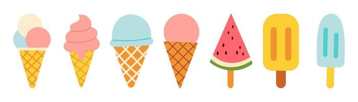 A row of cartoon ice cream cones and a watermelon popsicle. The ice cream cones are pink and blue, and the watermelon popsicle is green vector