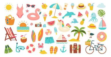 A collection of beach and pool items including a chair, a surfboard, a bicycle vector