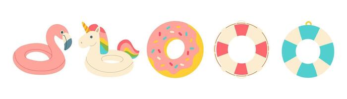A row of cartoonish pool toys including a unicorn float, a donut float vector