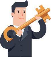 A man in a suit holding a large golden key in a flat illustration vector