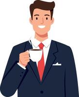 A smiling businessman in a suit holding a steaming coffee cup in a minimal illustration vector