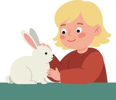 A young child gently petting a fluffy white rabbit in flat art vector