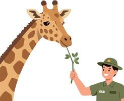 Giraffe interacting with a zookeeper in a playful flat illustration vector