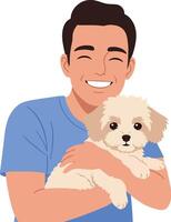 A smiling man holding a fluffy white puppy in a flat illustration vector