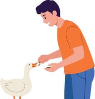 A young man feeding a friendly white duck in a flat illustration style vector